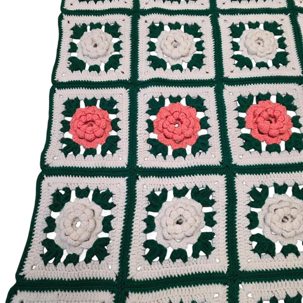 Handmade Crochet Knit Throw Granny Blanket 3D Afghan Roses Square Floral Cottage